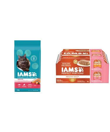 IAMS Proactive Health Dry Cat Food Adult Indoor Weight & Hairball Care + IAMS Perfect Portions Healthy Wet Cat Food Adult Grain Free Pat 1.59 kg (Pack of 1) Cat Food + Cat Food 75g