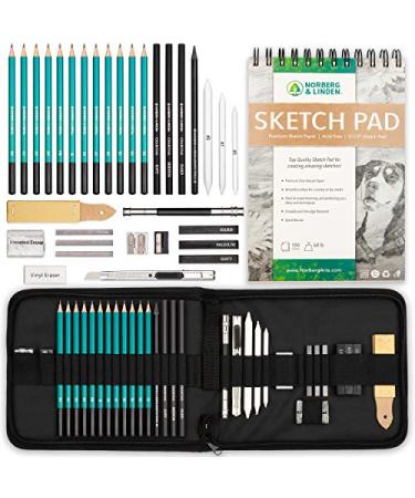 Norberg & Linden XL Drawing Set - Sketching  Graphite and Charcoal Pencils. Includes 100 Page Drawing Pad  Kneaded Eraser  Blending Stump. Art Kit and Supplies for Kids  Teens and Adults.