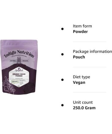 Indigo Herbs Organic Cacao Powder 250g - Vegan & Pure | Unsweetened & Unrefined | Dairy & GMO Free - Buy Online on SooperMarket.com