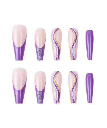 RikView Long Coffin Acrylic French Press on Nails - Bling Purple Nude Fake Nails - Buy Online on SooperMarket.com