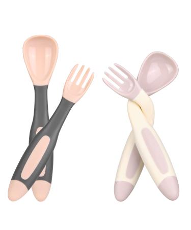 Vicloon Baby Utensils Spoon Fork Set 4pcs Baby Cutlery Feeding Set Toddler Utensils Spoons Forks Baby Fork and Spoon Set Easy Grip Bendable Perfect Self Feeding Spoon Fork (Pink) Pink-orange