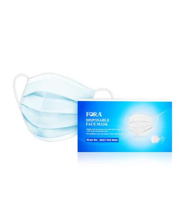 FORA Disposable Face Masks, Soft on Skin, Breathable 3 ply-protective PPE Face Mask in blue with Nose Clip and Elastic Earloop for Adults, Suitable for Daily Use & Personal Care. (50pcs)