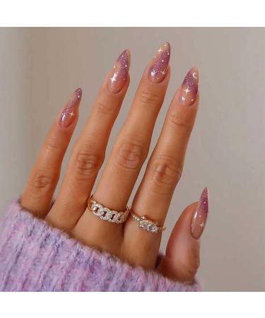 RikView French Tip Press on Nails Meduim Acrylic Nails Almond Fake Nails Nude Nails Purple Stick on Nails 24 PCs/Set Medium Almond Purple