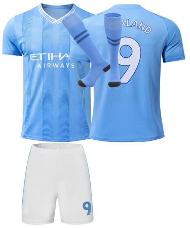 Mokiss Erling #9 Blue Kids Jersey Football New Season Shorts Socks Youth Sizes 26 (8-9 Years) Home