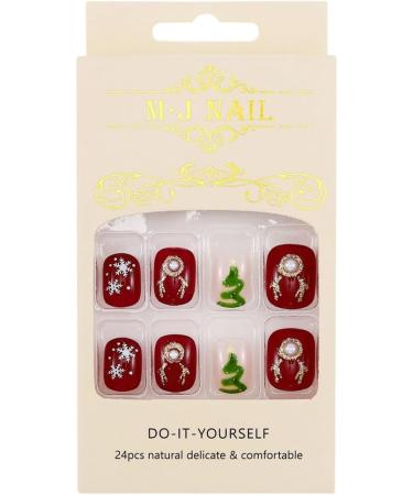 Brishow Christmas False Nails - Snow Press on Nails with Christmas Tree & Antler Design - Short Red Fake Nails for Women and Girls (24pcs) - Buy Online on SooperMarket.com