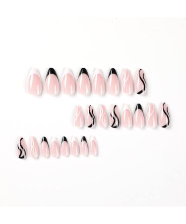 Justotry 24 Pcs Black and White Swirl Almond False Nails - Trendy French Press Design | Nail Glue Included - Oval Medium Stick on Nails for Women - Buy Online on SooperMarket.com