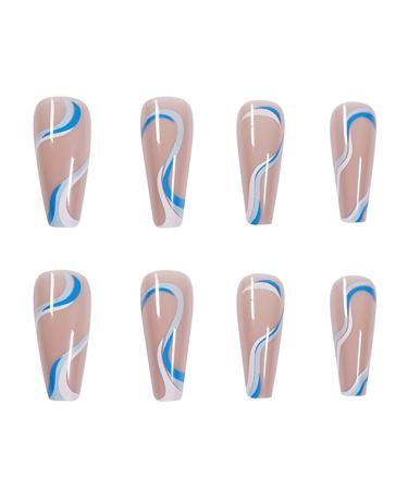Blue Swirls Coffin Fake Nails - Glossy Acrylic Long Press on Nails for Women - Buy Online on SooperMarket.com