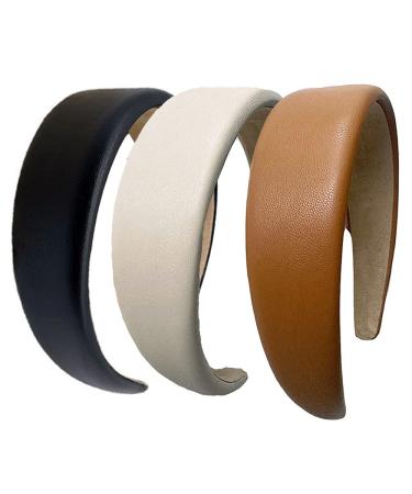 3 Pack Leather Headband for Women Wide PU Padded Headband Fashion Comfy Headbands Hairband for Women and Girls 3 Pack-C