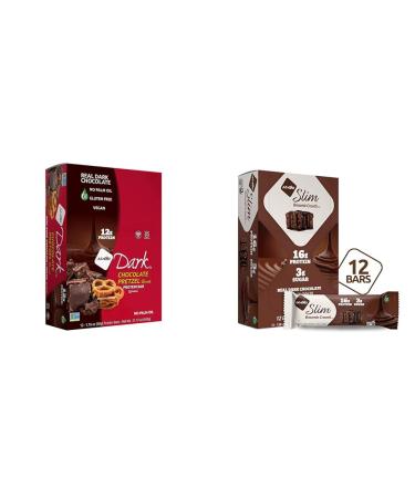 NuGo Dark Chocolate Pretzel 12g Vegan Protein 200 Calories Gluten Free 12 Count & Slim Dark Chocolate Brownie Crunch 16g Protein