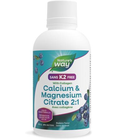 Nature's Way Calcium and Magnesium Citrate 2:1 - Liquid Supplement with Vitamin D3 and Collagen Helps Support the Maintenance of Bones and Teeth No Vitamin K2 - Blueberry Flavour 500 mL