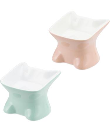 Navaris Raised Ceramic Cat Bowls (Set of 2) - Elevated Food and Water Bowl Pack for Cats - Cute Kitty Shaped Dishes with Ears - Dishwasher Safe - Green/Peach - Buy Online on SooperMarket.com