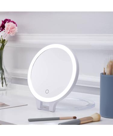 Foldable Double Sided Tabletop Mirror - Rechargeable Lighted Magnifying Mirror 10 X and 1X3 Colors Light - Adjustable Foldable Handle for Makeup/Travel and Blackhead Removal. 07x08inches