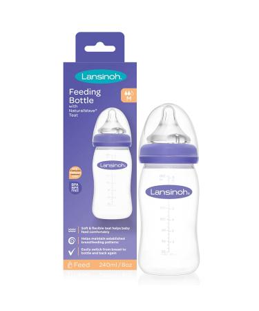 Lansinoh Baby Bottle with Naturalwave Teat (240 ml) anti-colic Plastic 100% BPA & BPS Free medium flow silicone teat which is soft and flexible purple transparent 1 piece (1 Pack)