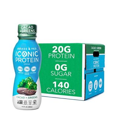 Iconic Protein Drinks, Cacao + Greens (12 Pack) | Grass Fed Protein Shakes with Organic Veggies & Unroasted Cacao | Low Carb Protein Drink | Lactose Free, Gluten Free, Soy Free | Keto Friendly