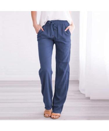 Women's Casual Relaxed-Fit Elastic Waist Linen Pant X-Large Blue | Drawstring Loose Trousers with Pocket - Buy Online on SooperMarket.com