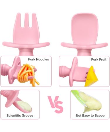 Vicloon Baby Fork and Spoon Set - Silicone Self Feeding Utensil for Infant, Easy Grip Toddler Cutlery Kit - Baby Weaning Spoon for Children - First Led Training - Light Blue-Pink (4pcs) - Buy Online on SooperMarket.com