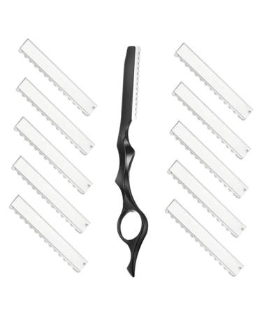 11Pcs Hair Styling Thinning Razor Set 1 pcs Hair Styling Razor Hair Thinning Comb Hair Texturizing Cutting Razor and 10pcs Replacement Stainless Steel Razors Blades for Salon Home Use (Black)