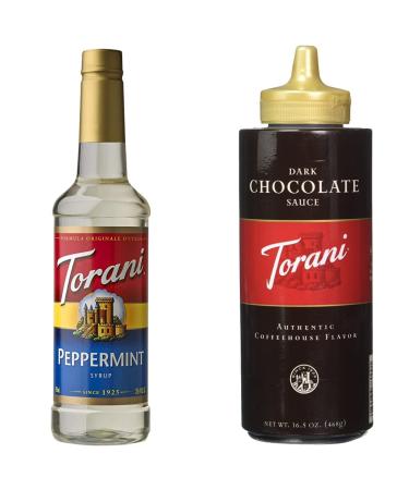 Torani Peppermint Flavour Syrup 750 Milliliter & Dark Chocolate Squeeze Sauce 16.5 Fluid Ounce