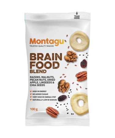 Montagu 10x Brain Food Trail Mix with Raisins Walnuts Pecans Apple Flax and Chia Seeds High in Omega-3 and Fiber Cholesterol-Free Low Sodium 100g Per Pack