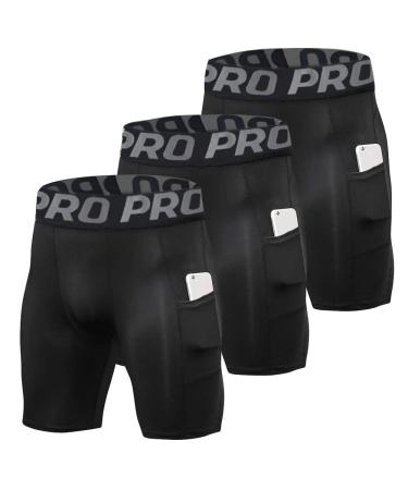 YUSHOW Mens Compression Shorts with Pocket Spandex Sports Running Quick Dry Shorts Compression Underwear for Men Athletic Medium Black