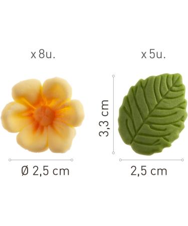 Dekora - Box of 8 Yellow Sugar Flowers and 5 Green Leaves - Edible Cake Toppers - Sugar Cake Decoration for Birthday Cakes - Buy Online on SooperMarket.com