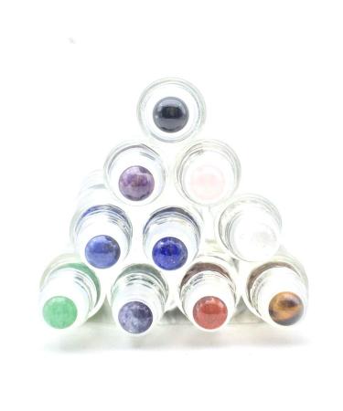 10 Pack 10ml Clear Glass Roller Bottles with Gemstone Roller Balls and Bamboo Lid - Healing Crystal Chips Inside - Buy Online on SooperMarket.com