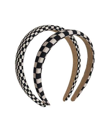 2 Pieces Checkered Flag Headband Black and White Plaid Hair Band Thick Padded Headband Sponge Puffy Headbands Buffalo Check Headband Christmas Party Hair Accessories