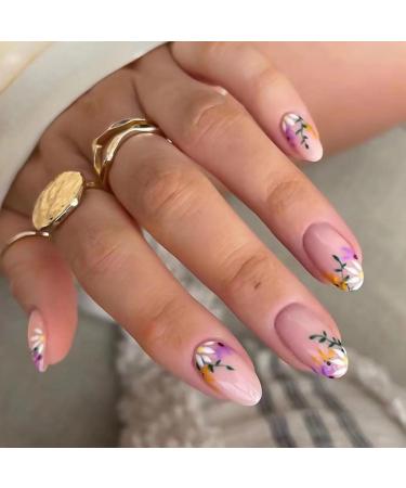 RikView French Tip Press on Nails Medium Acrylic Nails with Flowers Design Almond Fake Nails Nude Nails for Women Almond Nude Flowers