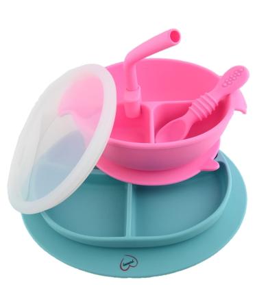 Yummy Baby Toddler Weaning Silicone Suction Divided Plate Bowl with Lid & Matching Spoon and Straw -Kids Placemat Stay Put Non Slip Feeding Dish BPA Free -(Pink Set)