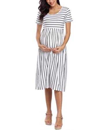 Love2Mi Women's Short-Sleeve Maternity Dress XL - Casual A-Line Midi Pregnant Dress in White Black Stripe - Buy Online on SooperMarket.com