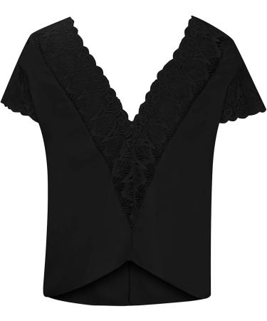 Women's Black V Neck Button Down Blouse with Lace Trim Backless Detail | Cap Sleeve Tunic Shirt - Buy Online on SooperMarket.com