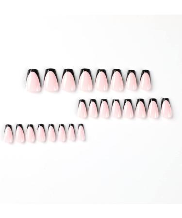 Justotry 24pcs Glossy Black French Press on Nails | Pink Ballerina Long Stick on Nails for Women | Acrylic Coffin False Nails with Glue - Nail Art - Buy Online on SooperMarket.com