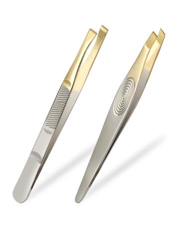 Sularpek Tweezers 2Pcs Eyebrow Tweezers Set Stainless Steel Slant Tweezer Facial Hair Remover for Women and Men 2 PCS