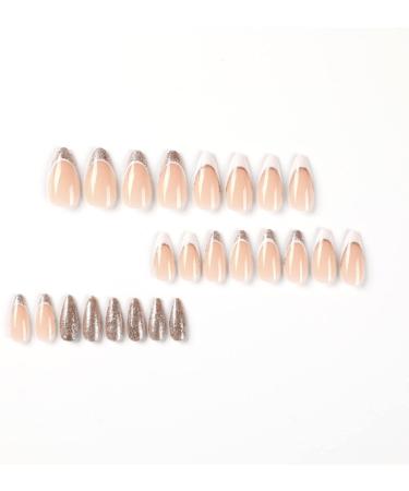 Justotry 24 Pcs Gold Glitter Almond Short False Nails - French Press on Nails | Trendy Nude Fake Nails with Glue | Stiletto Medium Stick on Nails for Women - Buy Online on SooperMarket.com
