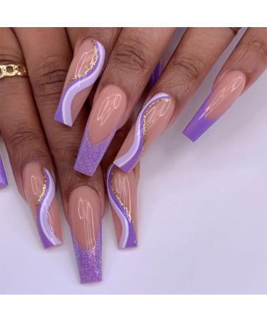 RikView French Press on Nails Long Acrylic Nails Coffin Fake Nails Bling Nails Purple Nails Nude Nails Purple Bling