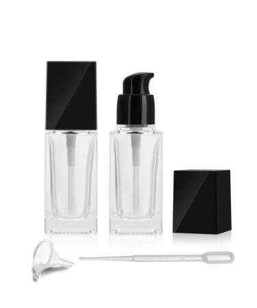 2 Pack 30ml/1 Oz clear Glass Foundation Bottle Empty Refillable Square Lotion Bottle With Press Pump for Lotion Liquid Body Cream Cosmetic Travel Foundation Samples Vials-Pipette&Funnel Included