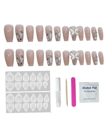 Fake Nails Long Press on Nails French Tip Nails with 3D Butterfly Rhinestones Designs Glossy Full Cover Acrylic Nails for Women Style 1