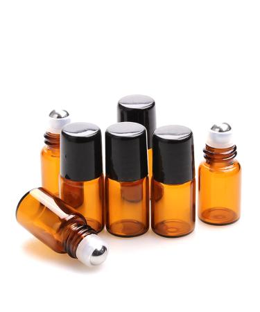 Furnido 25 Pack 2ml Amber Glass Roll on Bottle For Essential Oils,Perfume Vial with Stainless Steel Roller Ball,Black Caps Mini Sample Vials Cosmetics Small Container