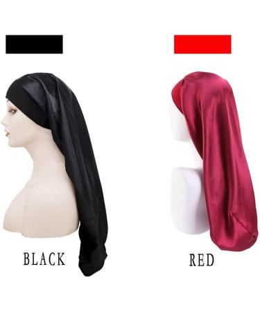Buy Ladaypoa Long Satin Sleeping Cap | 2-Piece Extra Large Sleeping Hats for Women - Black & Red Perfect for Long Braids - Buy Online on SooperMarket.com