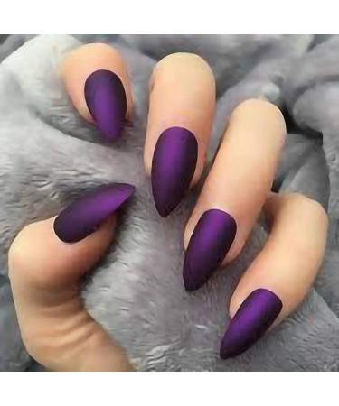 MISUD 100Pcs/Box Stiletto Fake Nails Purple Matte Medium Length Artificial Nails 10 Sizes Full Cover Press on Manicure Art Nails Tips for Charming Women and Girls - Violet 0 Solid