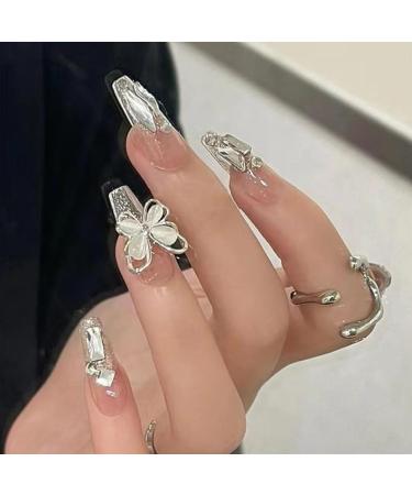 Long Press on Nails Long False Nail French Tip Fake Nails with 3D Butterfly Rhinestones Designs Glossy Full Cover Acrylic Nails for Women False Nails & Accessories - Buy Online on SooperMarket.com