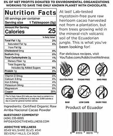 Addictive Wellness Organic Raw Cacao Powder - Wild-Grown Heirloom Mycotoxin-Free Arriba Nacional Chocolate Cocoa Powder Unsweetened Vegan Keto & Paleo Friendly Raw Cacao Powder 340g (12 Ounce) - Buy Online on SooperMarket.com