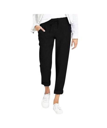 Ronony ladies linen pants summer light jogging pants with bags elastic waist loose fit leisure pants single -color slim straight leg pants oversize drawsting beach trousers langing long pants s 001#black