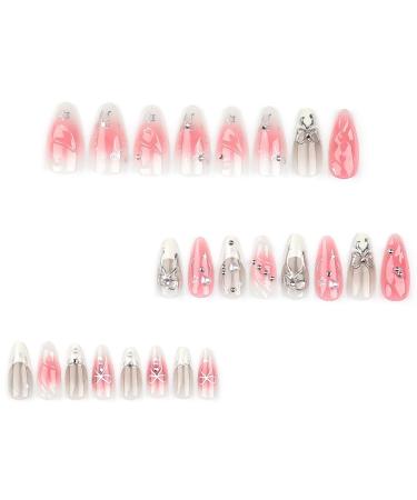 Ruarby Acrylic Press on Nail Almond Fake Nail Bowknot Glues on Nail False Nail Rhinestones Stick on Nail for Women Girls