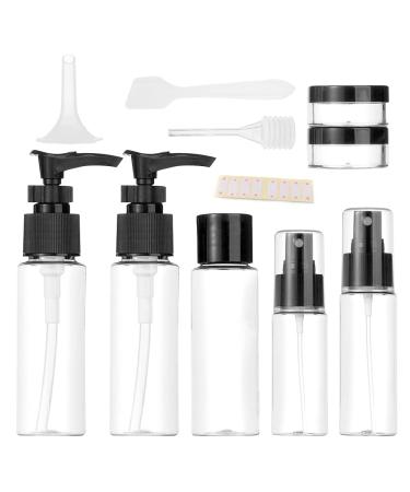 Vitog Travel Bottles Kit, TSA Approved Leak Proof Portable Toiletry Containers Set, Clear flight size PET Cosmetic Containers for Lotion, Shampoo, Cream, Soap, Set of 11 (Black+Plastic)
