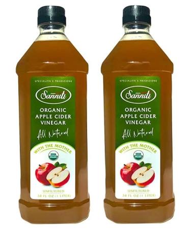 Sanniti Organic Apple Cider Vinegar Unfiltered All Natural with the Mother, 34 Fl Oz 1 Liter (Pack of 2)