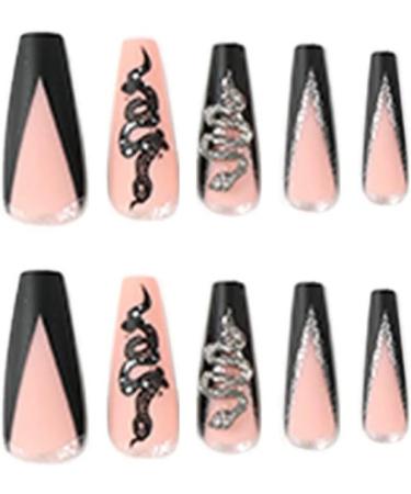 JustOTRY 24 Pcs Coffin False Nails: Snake Black French Press On Nails - Pretty Ballerina Stick On Nails for Women - Medium Glitter Fake Nails with Glue for Nail Art - Buy Online on SooperMarket.com