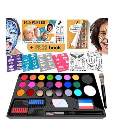 ADIS&GUYS Face Painting Kit For Kids - 20 Water Based, Quick Dry, Non-Toxic Sensitive Skin Paints, 3 Glitters, 2 temporary hair chalks combs, 3 Paint Brushes, 40 Stencils, 2 Tattoos Sheets , Face Painting Book 20 Face Paint kit 20 Face Paint kit 20 Color 