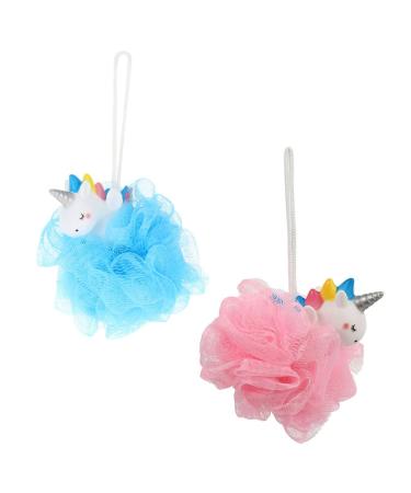 2pcs Unicorn Bath Mesh Shower Balls Pouf Loofahs Wash Ball Exfoliating Bath Sponge Body Cleaner for Children Kids Pink and Blue
