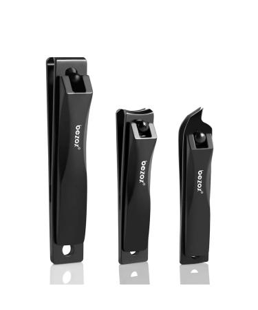 BEZOX Nail Clippers 3 Pcs - Heavy Duty Stainless Steel Straight Toenail Clippers for Thick Fingernail Toenail Curved Blade Nail Cutters For shape Nail Slant nail nipper for Trim Nail Remove Cuticle Black